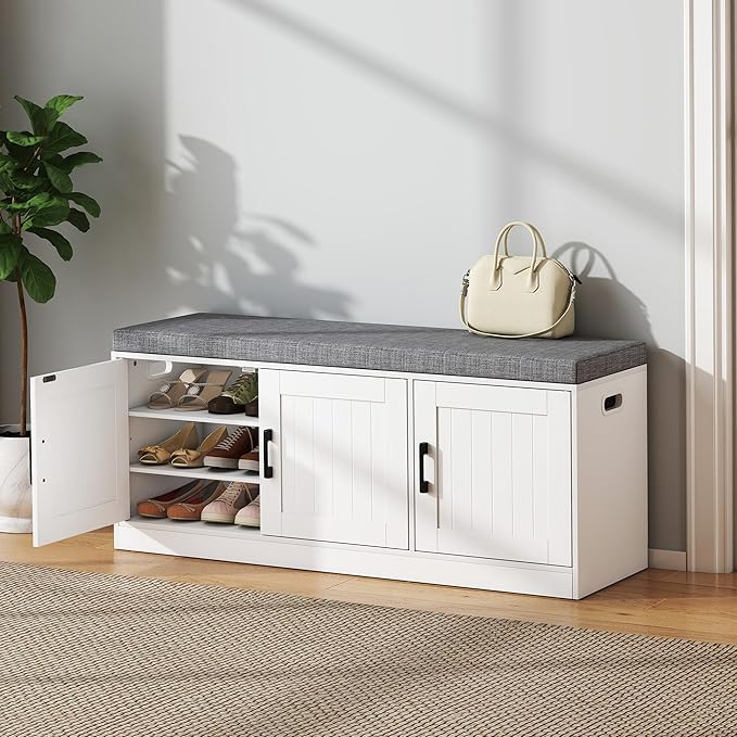Turosur Shoe Storage Bench with Cabinet, 3-Tier Entryway Bench with Padded Seat Cushion, Shoe Cabinet Bench with 4 Adjustable Shelves for Bedroom, Mudroom, White