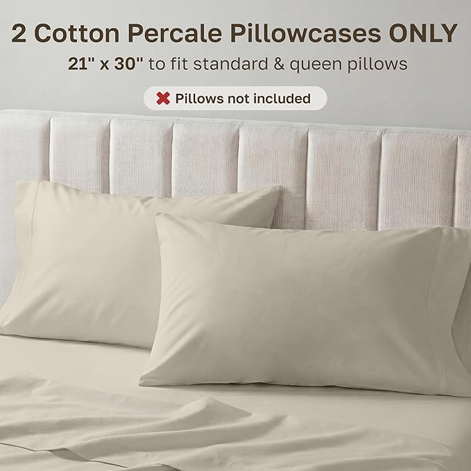 California Design Den Pillow Case Queen Size Set of 2-100% Egyptian Cotton, Crisp Percale Feel, Soft & Breathable Cotton Pillowcases Standard/Queen - Beige