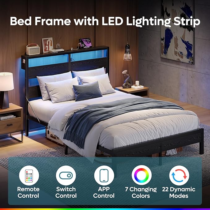 Bestier Queen Size Bed Frame with Headboard and Charging Station, Black Queen Bed Frame with LED Light, Non-Slip Platform Bed Frame Queen Size, Noise-Free, Easy Assembly, Black