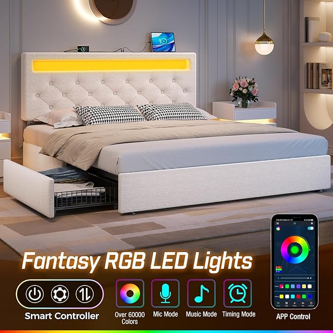 Rolanstar Queen Bed Frame with 4 Drawers and Charging Station,Twin Bed with Led Lights, Adjustable Upholstered Headboard 38.9/40.8 Inches, Sturdy, No Box Spring Needed, Natural White