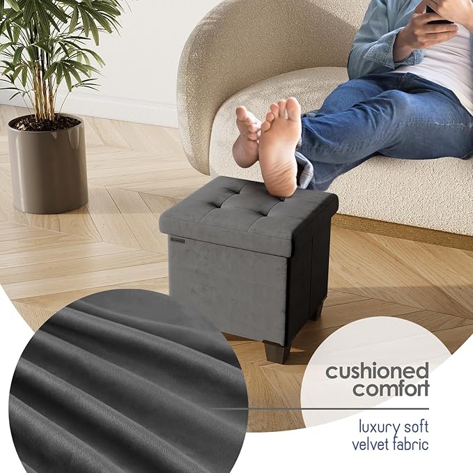 Storage Ottoman Cube with Small Bin, 15-in Square Ottoman with Storage for Living Room and Bedroom, Small Ottomans Foot Rest, Velvet Foot Stools Ottomans Max 330lbs, Grey
