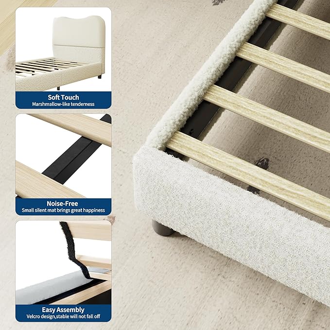 Boucle Twin Bed Frame for Kids with Upholstered Headboard, Low Profile Sturdy Platform Bed with Soft Boucle Fabric for Girls and Boys, Heavy Duty, Wooden Slats, Noise Free, No Box Spring Needed, Beige
