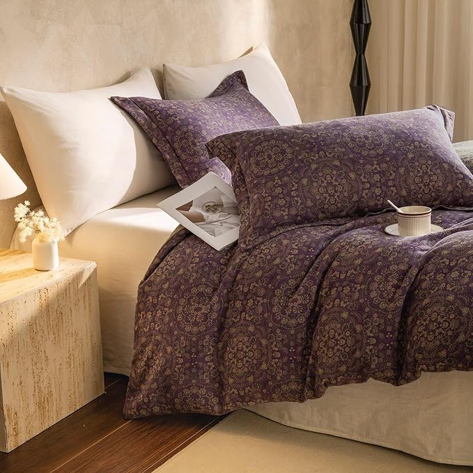 VM VOUGEMARKET Purple Flower Duvet Cover Set King,Yarn-Dyed Cotton Jacquard Textured Boho Medallion Bedding Set,Retro Reversible Green Floral Duvet Cover with Zipper Ties