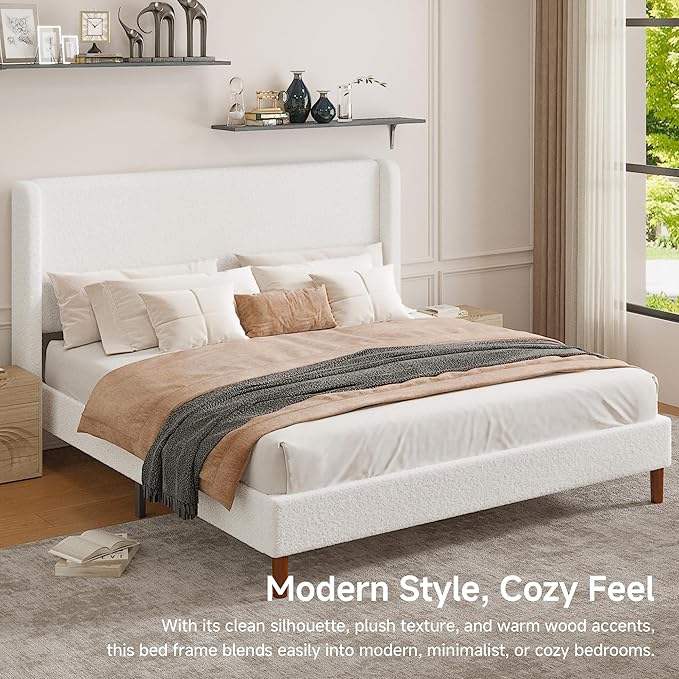 King Boucle Upholstered Platform Bed Frame with Adjustable Wingback Headboard, Cloud Bed with Solid Wood Legs, No Box Spring Needed, Easy Assembly, White