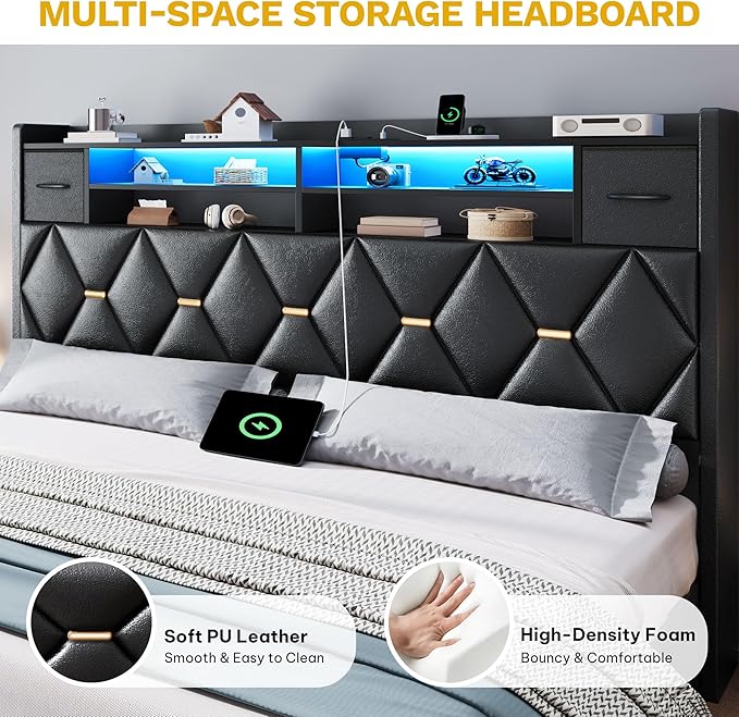 YITAHOME King Size Bed Frame with 2 Storage Drawers and Storage Headboard, Upholstered Platform with Charging Station and LED Light, No Box Spring Needed, Noise Free, Easy Assembly, PU Leather Black