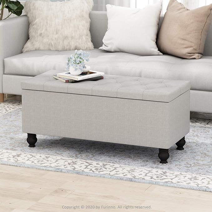 Furinno Laval Button Tufted Storage Ottoman Bench, with Safety Hinged Soft Closed Seat, for Entryway, Bedroom, Living Room, Glacier