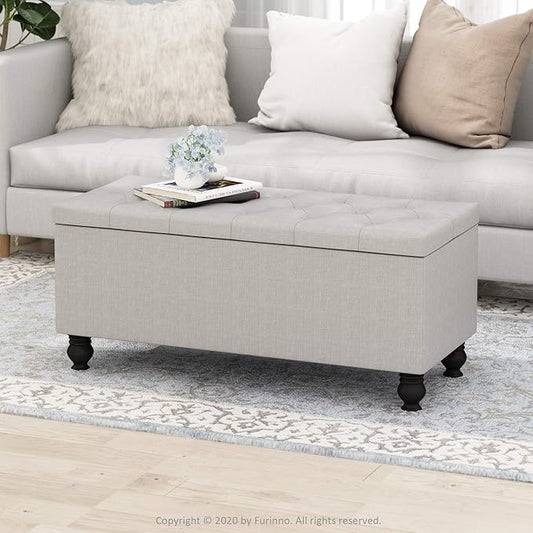 Furinno Laval Button Tufted Storage Ottoman Bench, with Safety Hinged Soft Closed Seat, for Entryway, Bedroom, Living Room, Glacier