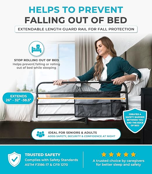 Stander Wonder Pivot Bed Rail, Adjustable Safety Assist Railing with Swing Down Guardrail for Elderly Adults, Fits Mattresses 8 to 12 Inches Thick, ASTM Safety Approved Bedrail, Black