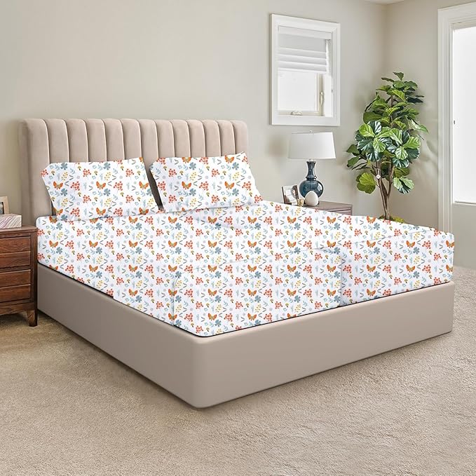 SGI Split King Sheet Set for Adjustable Bed Egyptian Premium Cotton 600 Thread Count Sheets for Sleep Number Bed 15" Deep Pocket 5 Pc Set with 2 Twin XL Fitted Sheets Soft Breathable -Butterfly Garden