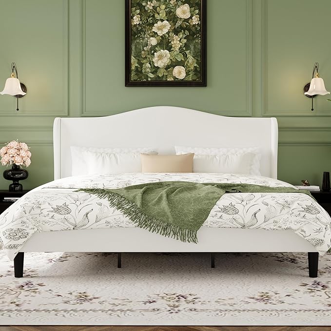 SHA CERLIN King Size Velvet Platform Bed Frame with Elegant Wingback Headboard, Modern & Luxurious Design, Sturdy Wooden Slats, No Box Spring Required, Easy Assembly, Noise-Free, Soft White