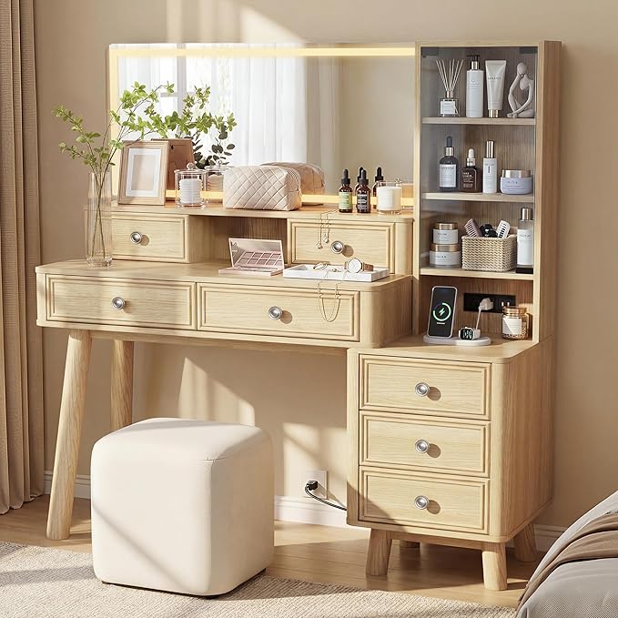 Furmax 48" Makeup Vanity Desk with Large Mirror and Lights,Big Wood Vanity Table with 5 Drawers＆Glass Storage Cabinet with Adjustable Shelves,Dressing Table with Charging Station for Bedroom (Oak)