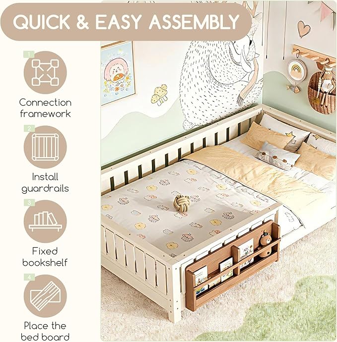 Bellemave Queen Floor Bed Frame with Fence & Bookshelf, Solid Pinewood Montessori Floor Bed Frame Queen with Slats Load 550LBS, Low Floor Bed for Kids, Bedroom, Nursery, Easy Assembly, Beige
