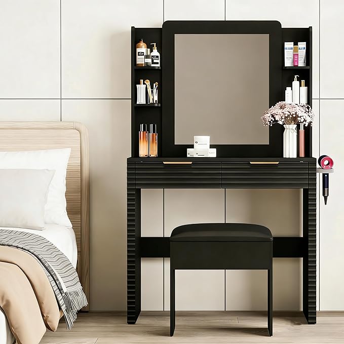 Makeup Vanity Desk with Charging Station & Storage Stool, Black Fluted Vanity Table with 10 Hollywood Bulbs, 3-Color Lighted Mirror, Hair Dryer Holder & Type-C Port, Modern Dressing Table for Bedroom