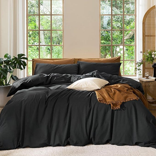 MooMee Bedding Duvet Cover Set 100% Washed Cotton Linen Like Textured Breathable Durable Soft Comfy (Solid Black, Super King 108"x98")