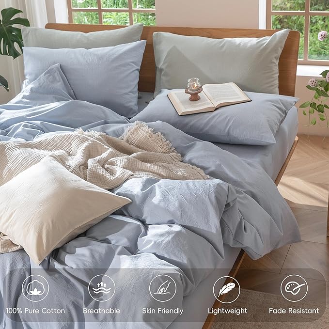 MooMee Bedding Duvet Cover Set 100% Washed Cotton Linen Like Textured Breathable Durable Soft Comfy (Heathered Cornflower Blue, Cal King 104"x98")