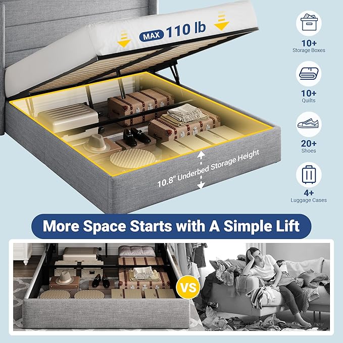 Allewie Full Size Lift Up Storage Bed, Modern Wingback Headboard, Hydraulic Support, No Box Spring Needed, Light Grey
