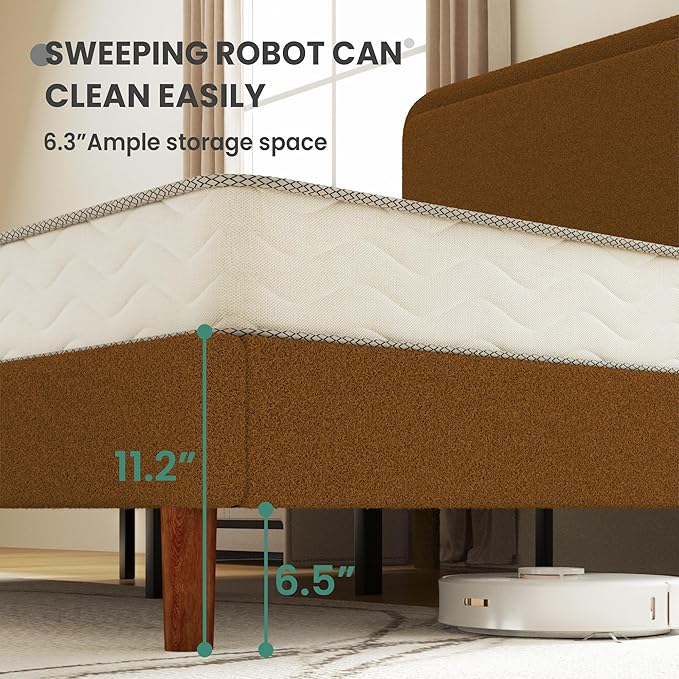 King Size Boucle Platform Bed Frame with Adjustable Headboard, Upholstered Cloud Bed, Solid Wooden Legs, No Box Spring Needed, Easy Assembly, Brown