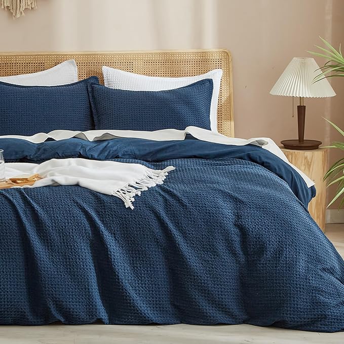 PHF Waffle Weave Duvet Cover Set King Size, No Snagging Ultra Soft Luxury Textured Breathable Comforter Cover for All Season 3pcs, Durable Bedding Duvet Set with 2 Pillow Shams, 104"x90", Navy Blue