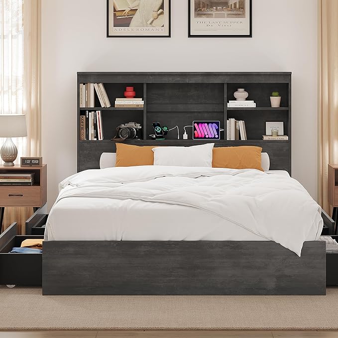 IDEALHOUSE King Bed Frame with Storage Headboard, Wooden Bed Frame with Charging Station, Storage Bookcase & King Size Platform Bed with 4 Drawers, No Box Spring Needed, Noise-Free,Ink