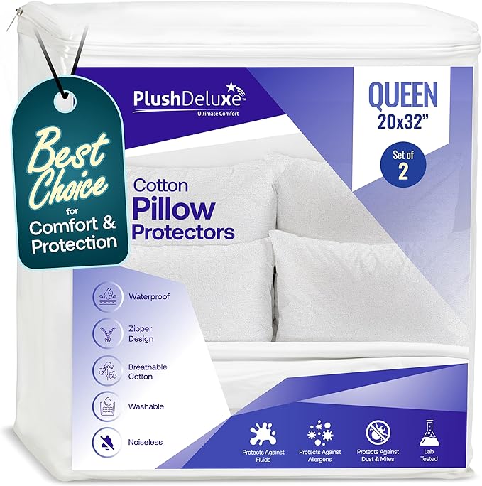 PlushDeluxe Pillow Protectors Queen Size 20”x32”, Set of 2 Zippered Pillow Encasements Made with Breathable Soft Cotton Terry Fabric, 100% Waterproof, Hypoallergenic, Bed Bug & Dust Mite Proof