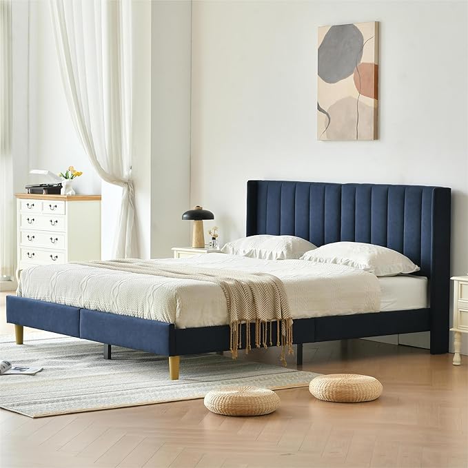YUHUASHI upholstered Platform Bed Frame/King Bed Frame/Modern Geometric Double-Wing Design headboard/Linen Fabric/Easy to Assemble no Noise (Navy Blue, King (U.S. Standard))