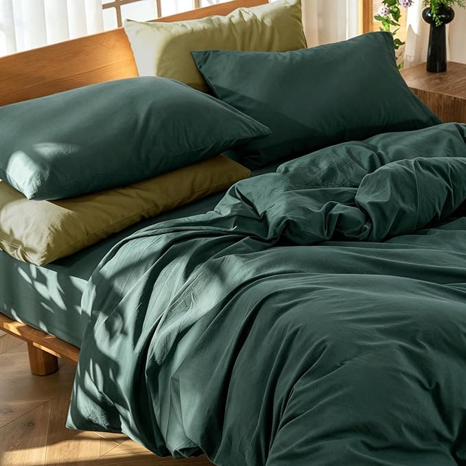 MooMee Bedding Duvet Cover Set 100% Washed Cotton Linen Like Textured Breathable Durable Soft Comfy (Solid Green, Queen 90"x90")
