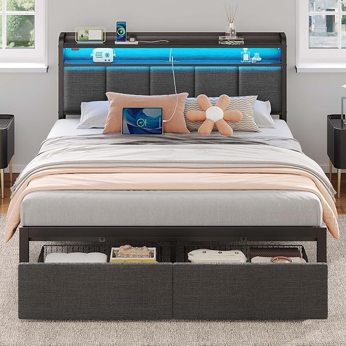 Rolanstar Bed Frame Queen Size with Charging Station and LED Lights, Upholstered Headboard with Storage Shelves, Heavy Duty Metal Slats, No Box Spring Need, Noise Free, Easy Assembly, Dark Grey