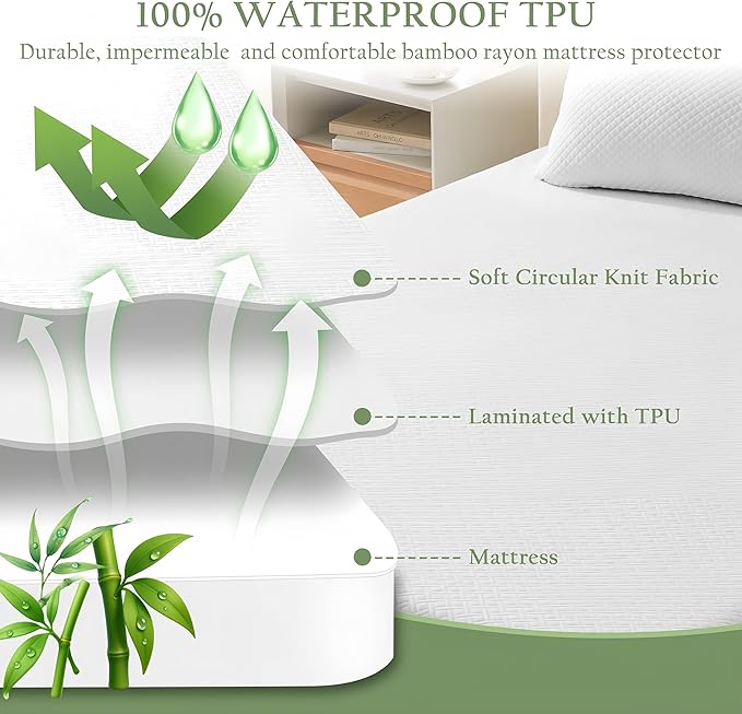 Waterproof Mattress Protector Full Size, Bamboo Rayon Soft Mattress Cover Washable Breathable 3D Air Noiseless Cool Bed Pad Protector, Fitted with Deep Pocket 8''-21''