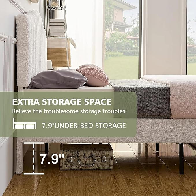 VECELO Queen Size Bed Frame Upholstered Platform Beds with Height-Adjustable Teddy Fabric Headboard, Strong Wood Slats 7.9'' Under Bed Storage Space Noise-Free No Box Spring Needed, Beige