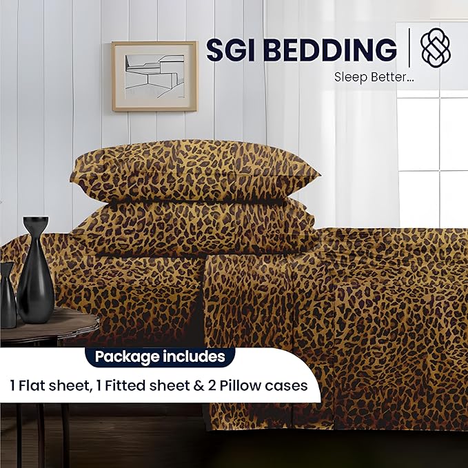 SGI bedding 100% Egyptian Cotton Sheets King Size – 600 Thread Count Sheets Set, Soft, Cooling, 15" Deep Pocket, Luxury Hotel Bedding, Breathable, Durable - Leopard Print