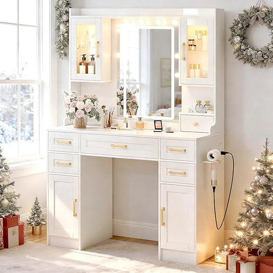 KAMABOKO Vanity Desk with Mirror and Lights, Makeup Vanity Table with Drawers & Shelves, Power Outlet, Dressing Table with Jewelry Storage for Bedroom (043 White)