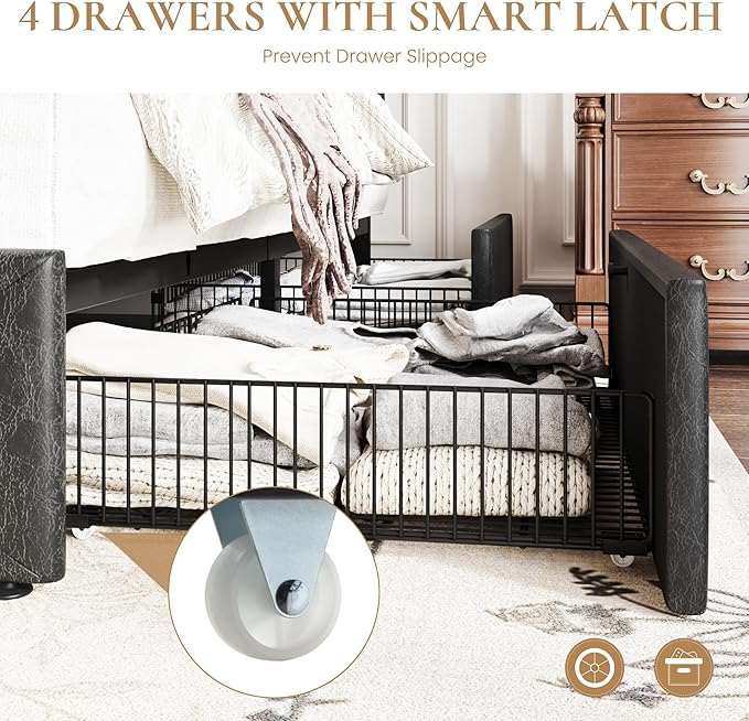 SHA CERLIN Upholstered King Platform Storage Bed Frame with 4 Drawers, Adjustable Headboard with Faux Leather Diamond Button Tufted Design, Wooden Slat Support, No Box Spring Needed, Black