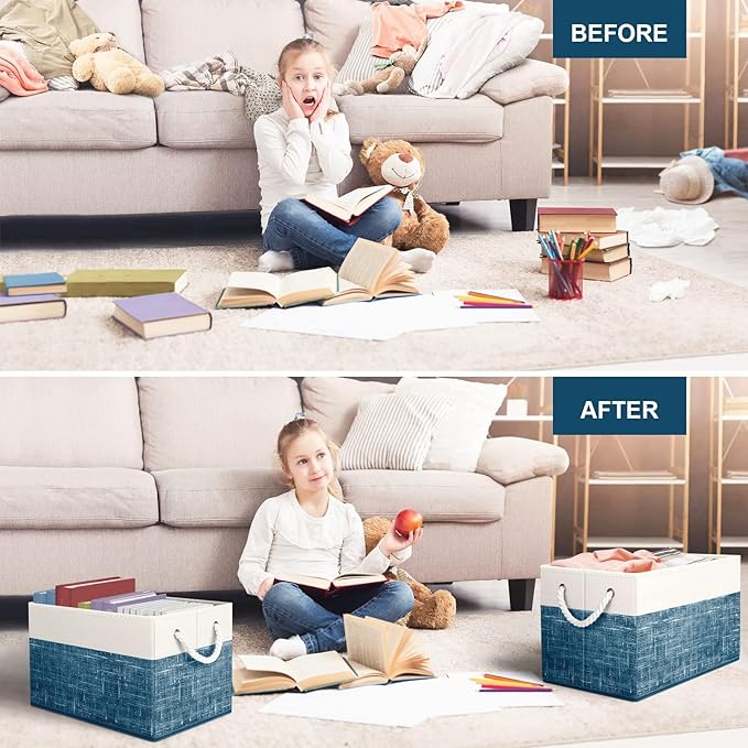 Fab totes Storage Bins 3-Pack, Foldable Storage Baskets for Organizing Toys, Books, Shelves, Closet, Large Storage Box with Rope Handles, Sturdy Organizer Bins, White & Blue