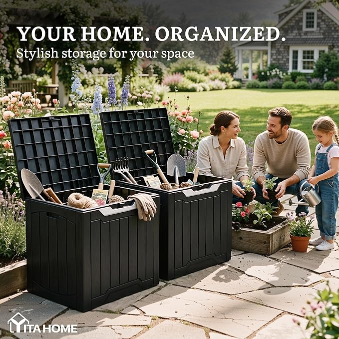 YITAHOME 31 Gallon Deck Boxes Set of 2, Lockable Outdoor Storage Bins for Patio Cushions, Garden Tools, Weather-Resistant Resin Storage Solution, Black