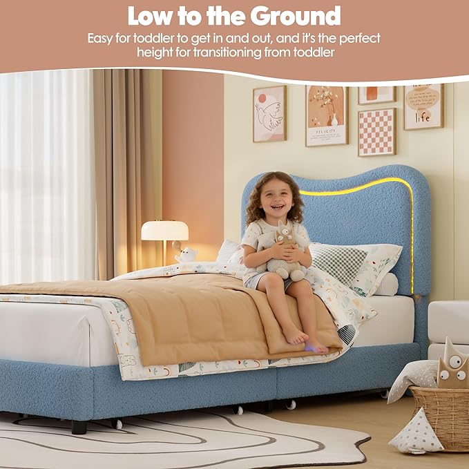 GarveeHome Upholstered LED Twin Bed Frames for Kids with 2 Drawers and Headboard, Cute Twin Bed with Storage for Girls, Boys, Sturdy Platform Bed, No Box Spring Needed, Wooden Slats, Noise Free, Blue