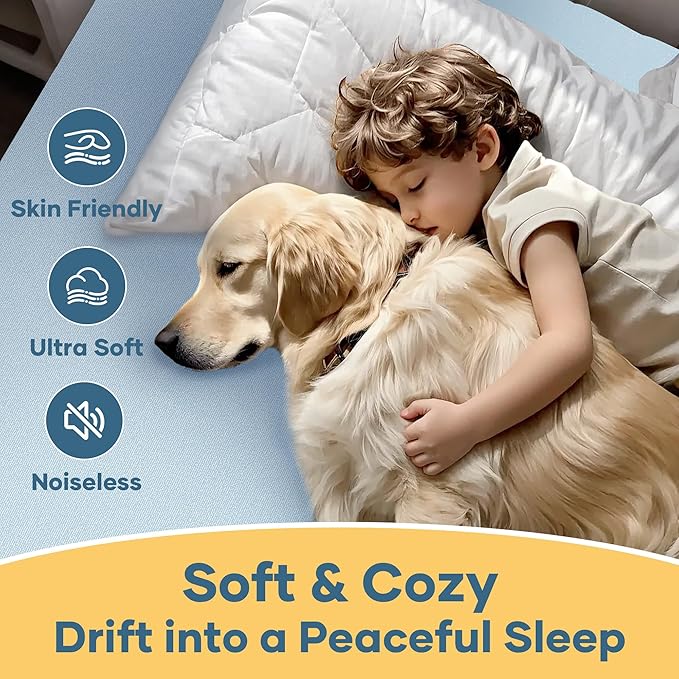 OhGeni 100% Waterproof Mattress Protector, Queen Size Blue, Fitted Sheet with Deep Pockets, 6''-18'', Premium Noiseless Breathable Soft Material, Mattresses Cover for Bed