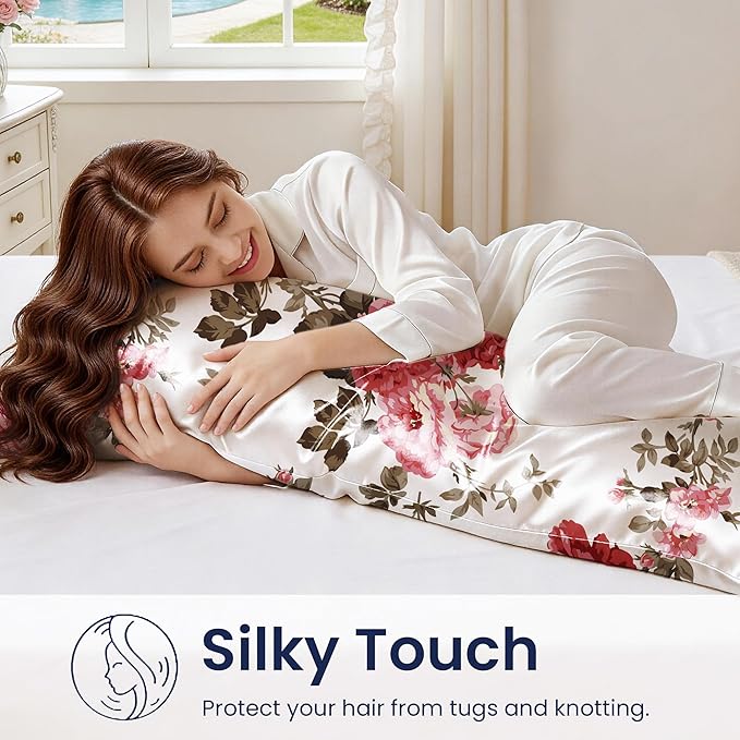 EXQ Home Satin Pillowcase for Hair and Skin - Printed Spring Flowers Silk Body Pillowcase 20x54 inches - Body Pillow Cases with Envelope Closure, Gifts for Women Men