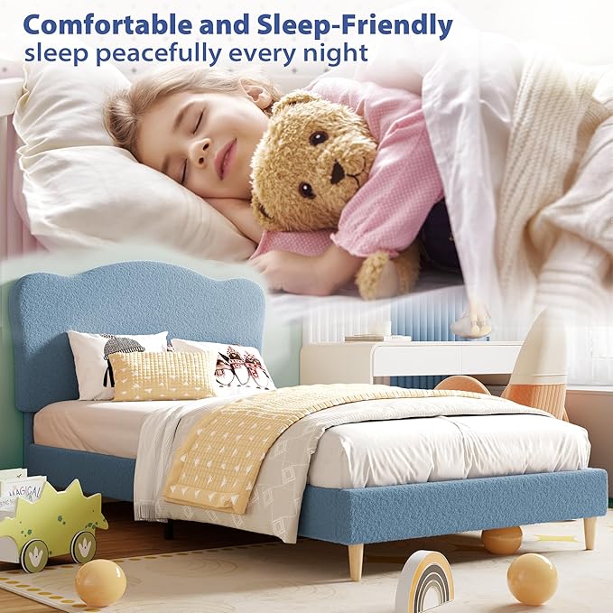 GarveeHome Upholstered Twin Size Bed Frame for Kids with Scallop Headboard, Cute Velvet Twin Bed for Girls, Boys, Sturdy Platform Bed, No Box Spring Needed, Wooden Slats, Noise Free, Dark Blue