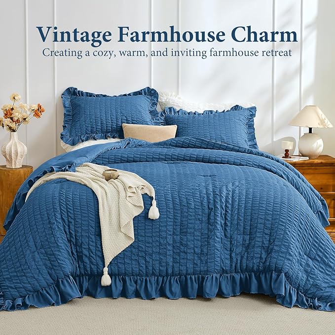 JOLLYVOGUE Teal King Comforter Set, 3 Pieces Seersucker Comforters King Size, Lightweight & Fluffy Bedding Sets King for All Season with 1 Ruffle Comforter and 2 Ruffle Pillowshams