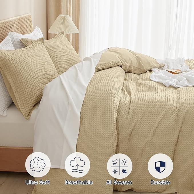 PHF Waffle Weave Duvet Cover Set King Size, No Snagging Ultra Soft Luxury Textured Breathable Comforter Cover for All Season 3pcs, Durable Bedding Duvet Set with 2 Pillow Shams, 104"x90", Khaki