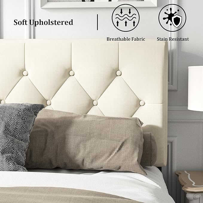 HAOARA Full Size Platform Bed Frame with Upholstered Button Tufted Headboard, Mattress Foundation with Wooden Slat Support, Noise Free, No Box Spring Needed, Easy Assembly, Beige Velvet