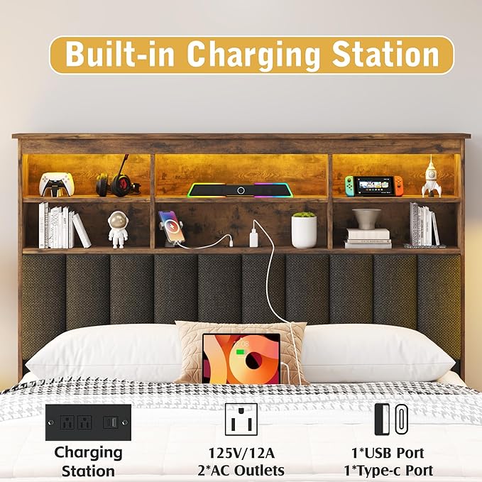 Lifezone Full Bed Frame with Headboard, Full Bed Frame with High Storage Bookcase Headboard,4 Storage Drawers & Charging Station & LED,No Box Spring Needed/Noise Free/All-Metal Support,Vintage Brown