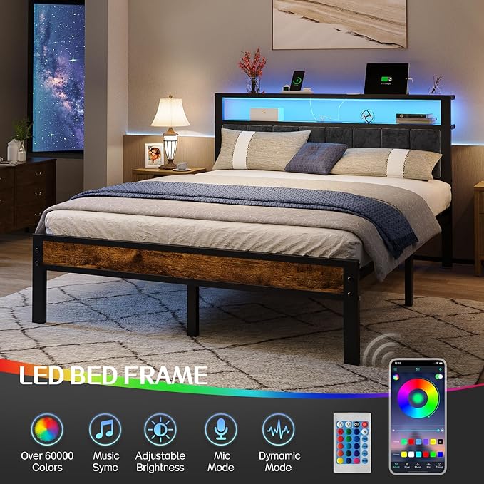 Liians Queen Size Bed Frame with 2-Tier Storage Shelves Headboard, Platform Bed with Charging Station, LED Lights No Box Spring Needed Noise Free