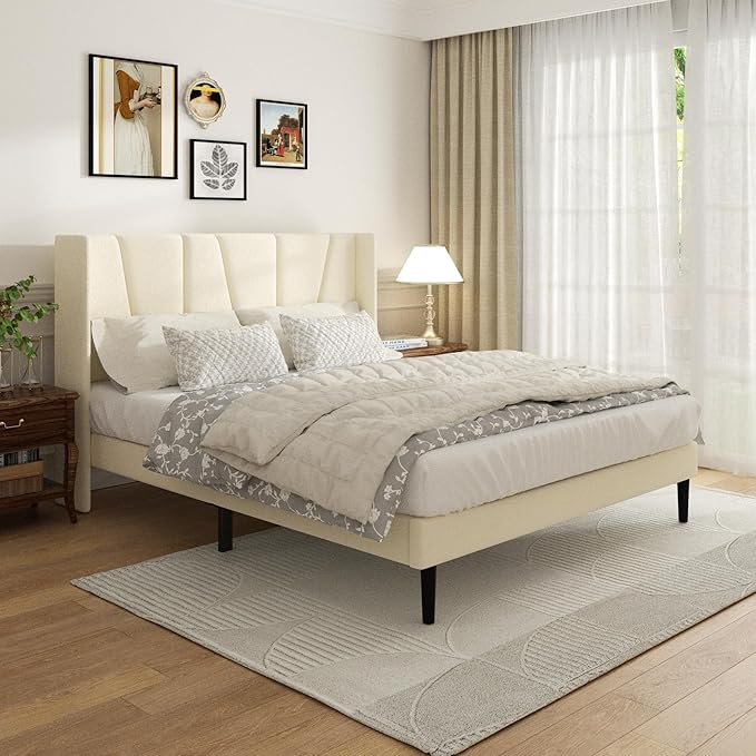 Sismplly Queen Bed Frame with Headboard, Velvet Upholstered Queen Size Platform Bed with Wingback, Mattress Foundation with Wooden Slat Support, No Box Spring Needed, Easy Assembly, Noise Free, Beige