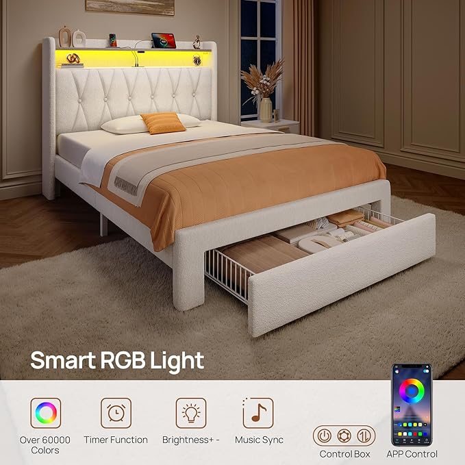 Rolanstar Twin Bed Frame with Drawer, Storage Headboard with Charging Station and LED Lights, Upholstered Bed with Heavy Duty Wood Slats, No Box Spring Needed, Noise Free, Easy Assembly, Beige