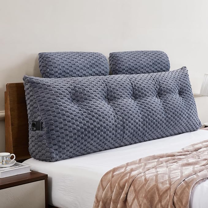 Wedge Headboard Pillow - Bed Wedge Pillow for Headboard Triangular Headboard Pillow with Neck Roll Pillow-Large Bolster Pillow for Sitting in Bed Backrest Positioning Support (Grey,54x8x20 Inches)
