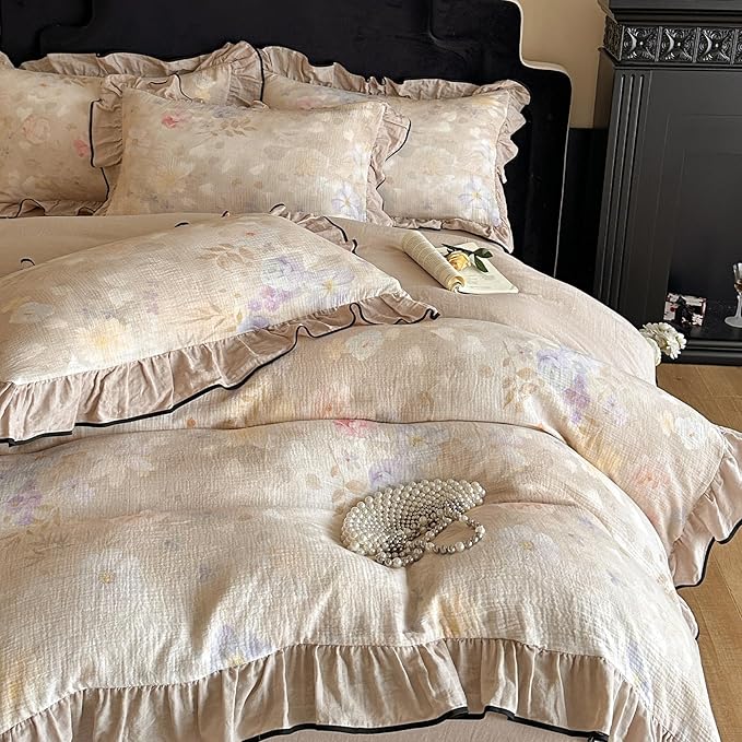 VM VOUGEMARKET Ruffle Duvet Cover Queen Muslin Cotton Vintage Flower Duvet Cover Soft Breathable Linen Like Gauze Bedding Set for Girls-Ivory