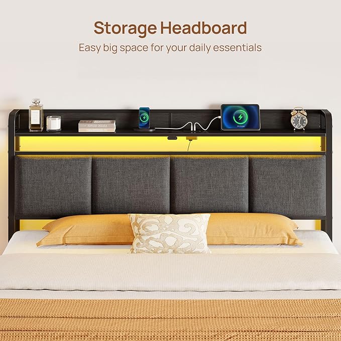 Rolanstar Bed Frame Full Size with Charging Station and LED Lights, Upholstered Storage Headboard with Drawers, Heavy Duty Metal Slats, No Box Spring Needed, Noise Free, Easy Assembly, Dark Grey