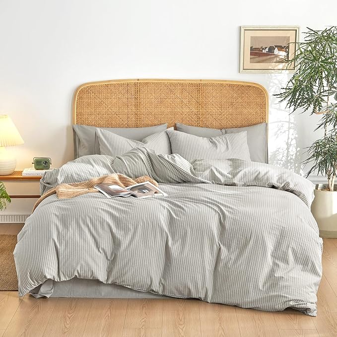 Wake In Cloud - Striped Cotton Duvet Cover Set, 100% Washed Cotton Textured Percale Bedding Set, Ticking Stripe Pinstripe Farmhouse, 3 Pieces, Light Grey, Twin Size