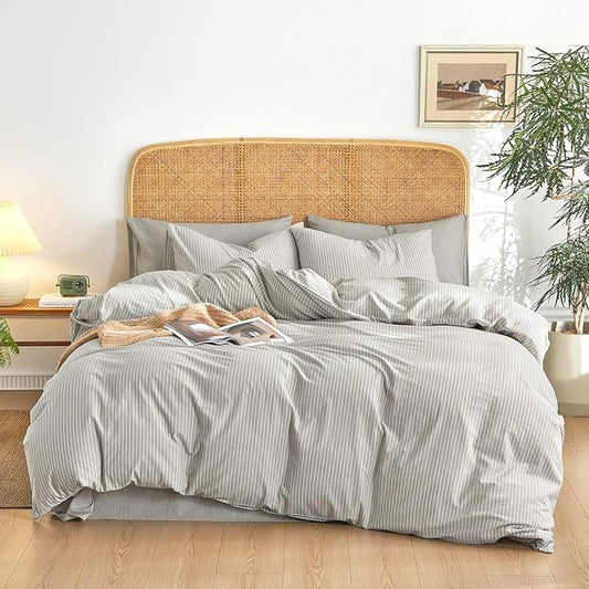 Wake In Cloud - Striped Cotton Duvet Cover Set, 100% Washed Cotton Textured Percale Bedding Set, Ticking Stripe Pinstripe Farmhouse, 3 Pieces, Light Grey, Twin Size